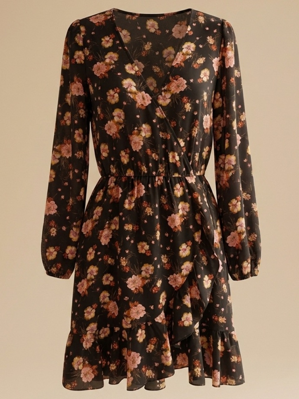 Abound Floral Long Sleeve Mini Dress Ruffle Hem - Boho Cottagecore V-Neck XL